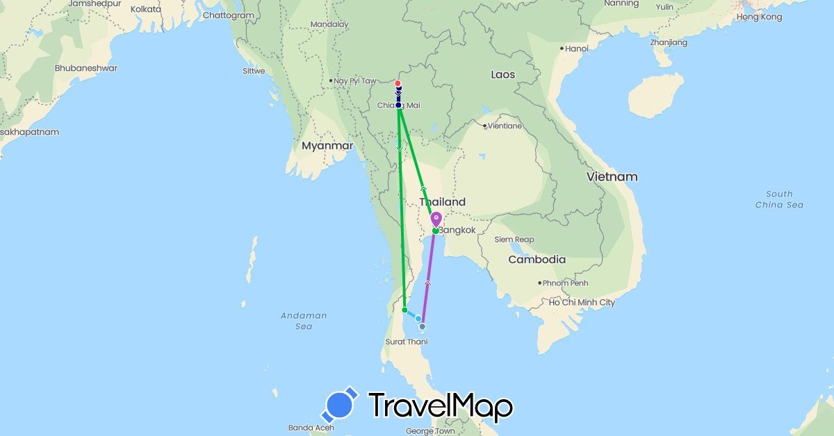 TravelMap itinerary: driving, bus, cycling, train, hiking, boat in Thailand (Asia)